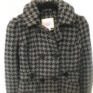 Wool Houndstooth Pattern Hooded Peacoat